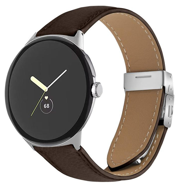 For Google Pixel Watch / Watch 2 / 3 41mm Lychee Texture Silver Turtle Back Buckle Leather Watch Band(Coffee Color)