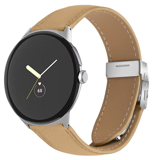 For Google Pixel Watch / Watch 2 / 3 41mm Lychee Texture Silver Turtle Back Buckle Leather Watch Band(Camel)