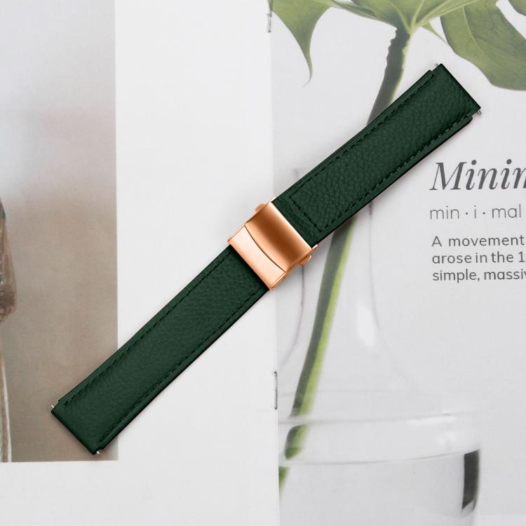 20mm Lychee Texture Rose Gold Turtle Back Buckle Leather Watch Band(Green) - free shipping - PMC TechLife - Order now!