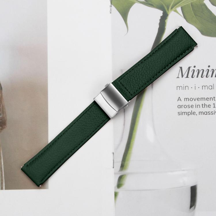 20mm Lychee Texture Silver Turtle Back Buckle Leather Watch Band(Green) - free shipping - PMC TechLife - Order now!