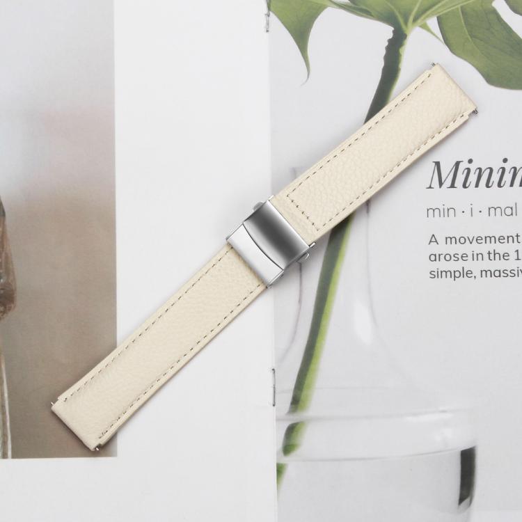 20mm Lychee Texture Silver Turtle Back Buckle Leather Watch Band(Creamy White) - free shipping - PMC TechLife - Order now!