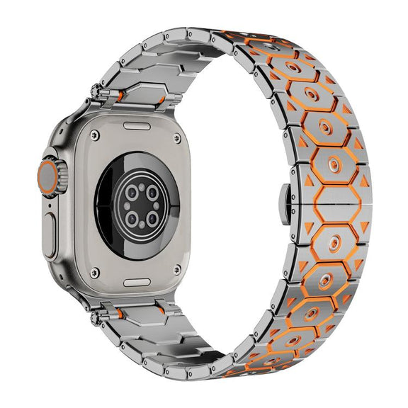 For Apple Watch 46mm / 49mm / 45mm / 44mm Octagonal Stainless Steel  Watch(Silver Inter Orange)