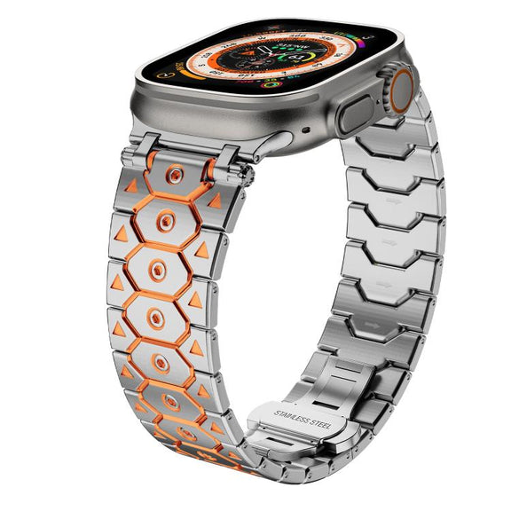 For Apple Watch 46mm / 49mm / 45mm / 44mm Octagonal Stainless Steel  Watch(Silver Inter Orange)
