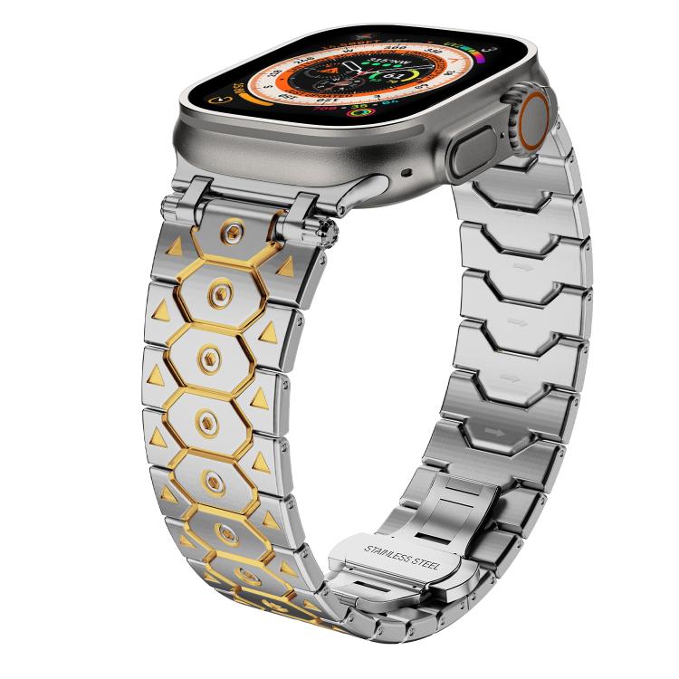 For Apple Watch 46mm / 49mm / 45mm / 44mm Octagonal Stainless Steel  Watch(Silver Inter Gold)