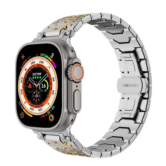 For Apple Watch 46mm / 49mm / 45mm / 44mm Octagonal Stainless Steel  Watch(Silver Inter Gold)