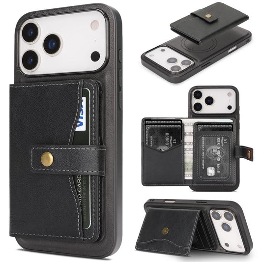 For iPhone 17 Pro Max Kalebol Magnetic Button Card Bag MagSafe Ring Leather Phone Case(Black) - iPhone 17 Pro Max Cases by Kalebol | Online Shopping South Africa | PMC Jewellery | Buy Now Pay Later Mobicred