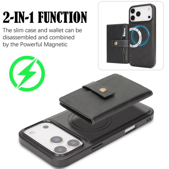 For iPhone 17 Pro Max Kalebol Magnetic Button Card Bag MagSafe Ring Leather Phone Case(Black)