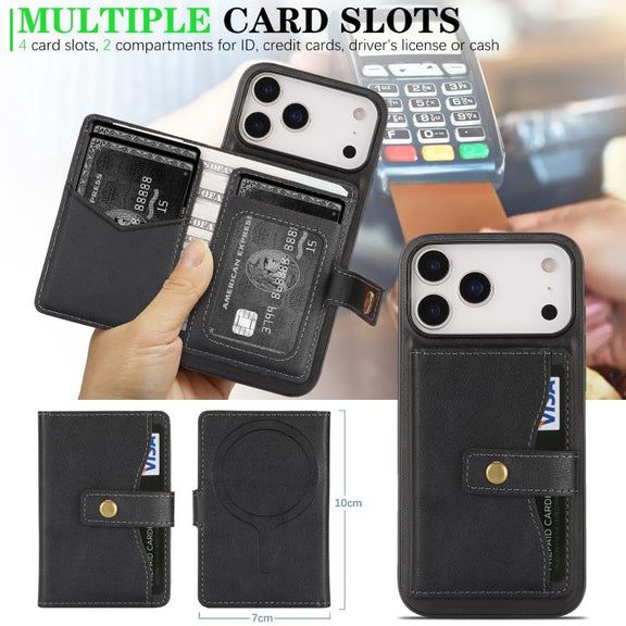 For iPhone 17 Pro Max Kalebol Magnetic Button Card Bag MagSafe Ring Leather Phone Case(Black)