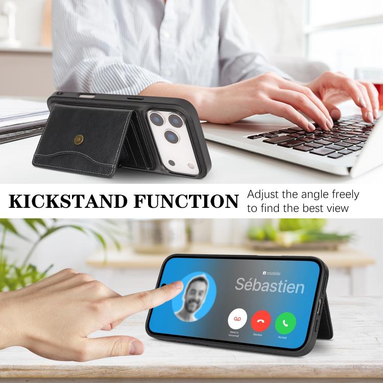 For iPhone 17 Pro Max Kalebol Magnetic Button Card Bag MagSafe Ring Leather Phone Case(Black)