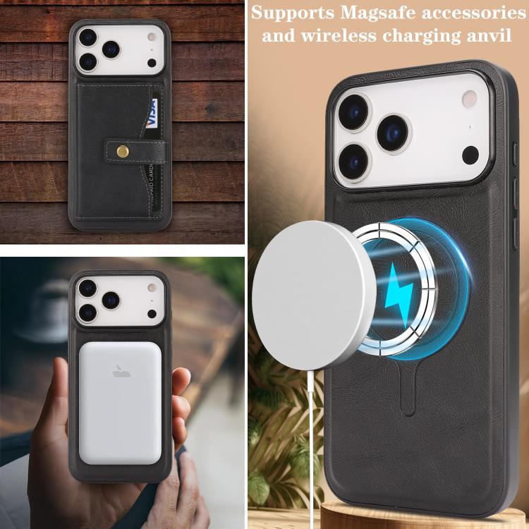For iPhone 17 Pro Max Kalebol Magnetic Button Card Bag MagSafe Ring Leather Phone Case(Black)
