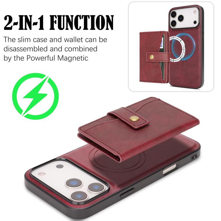 For iPhone 17 Pro Kalebol Magnetic Button Card Bag MagSafe Ring Leather Phone Case(Red) - iPhone 17 Pro Cases by Kalebol | Online Shopping South Africa | PMC TechLife | Buy Now Pay Later Mobicred