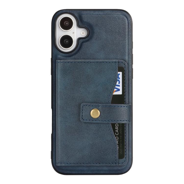 For iPhone 17 Kalebol Magnetic Button Card Bag MagSafe Ring Leather Phone Case(Blue)
