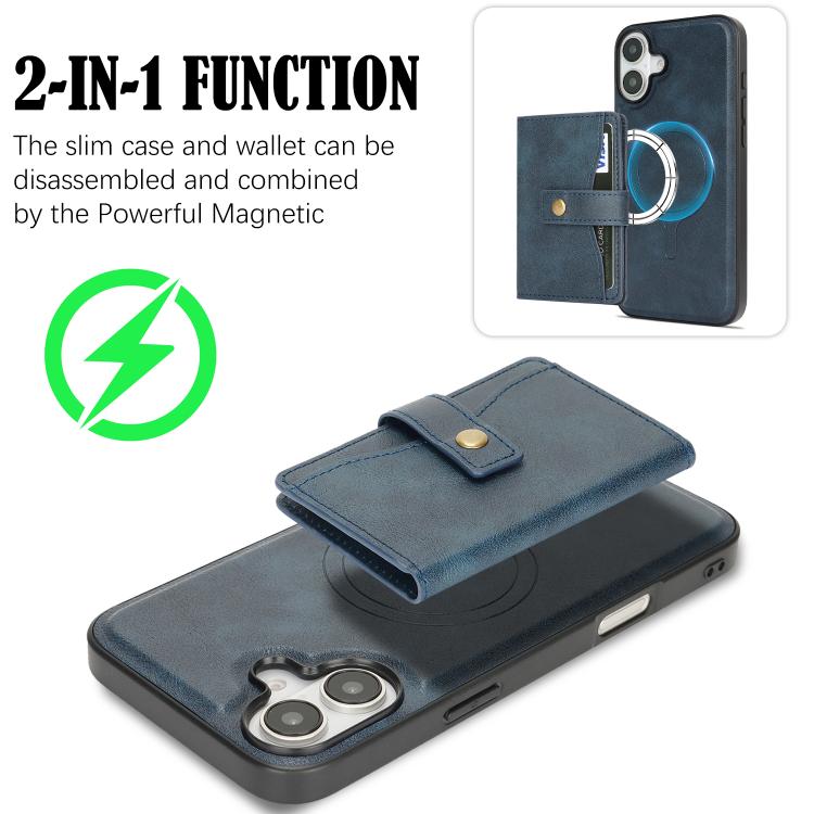 For iPhone 17 Kalebol Magnetic Button Card Bag MagSafe Ring Leather Phone Case(Blue)