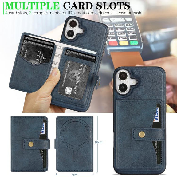 For iPhone 17 Kalebol Magnetic Button Card Bag MagSafe Ring Leather Phone Case(Blue)