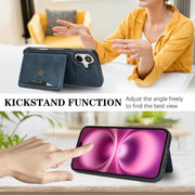 For iPhone 17 Kalebol Magnetic Button Card Bag MagSafe Ring Leather Phone Case(Blue)