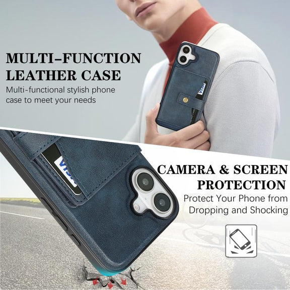 For iPhone 17 Kalebol Magnetic Button Card Bag MagSafe Ring Leather Phone Case(Blue)