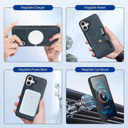 For iPhone 17 Kalebol Magnetic Button Card Bag MagSafe Ring Leather Phone Case(Blue)