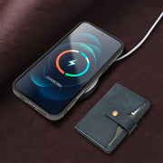For iPhone 17 Kalebol Magnetic Button Card Bag MagSafe Ring Leather Phone Case(Blue)