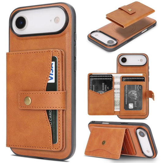 For iPhone 17 Air Kalebol Magnetic Button Card Bag MagSafe Ring Leather Phone Case(Brown) - iPhone 17 Air Cases by Kalebol | Online Shopping South Africa | PMC Jewellery | Buy Now Pay Later Mobicred