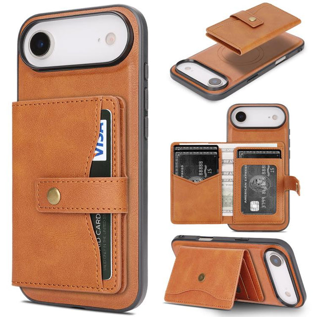 For iPhone 17 Air Kalebol Magnetic Button Card Bag MagSafe Ring Leather Phone Case(Brown)