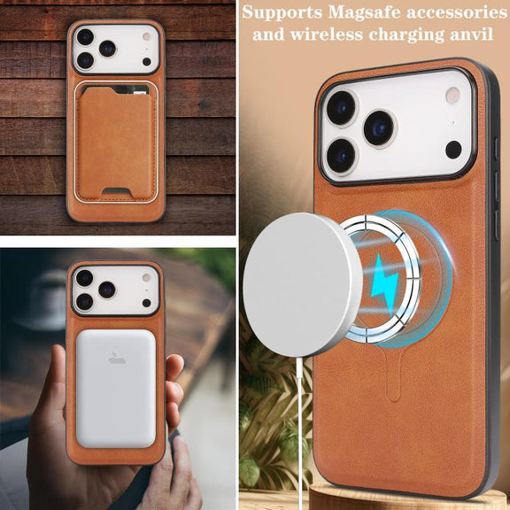 For iPhone 17 Pro Kalebol Slim MagSafe Ring Magnetic Card Bag Leather Phone Case(Brown)