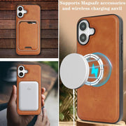 For iPhone 17 Kalebol Slim MagSafe Ring Magnetic Card Bag Leather Phone Case(Brown)