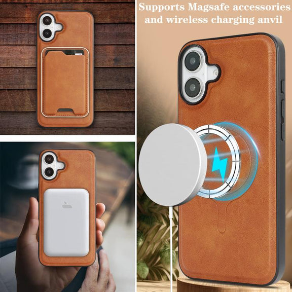 For iPhone 17 Kalebol Slim MagSafe Ring Magnetic Card Bag Leather Phone Case(Brown)