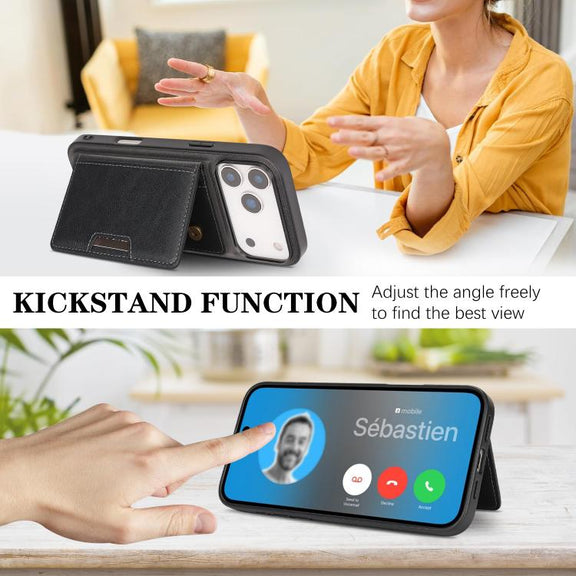 For iPhone 17 Pro Max Kalebol Strong MagSafe Magnetic Two-Fold Card Bag Leather Phone Case(Black)
