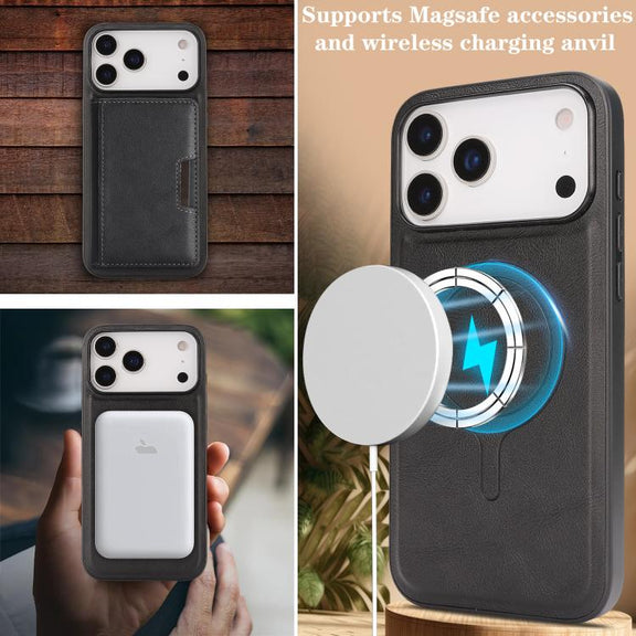 For iPhone 17 Pro Max Kalebol Strong MagSafe Magnetic Two-Fold Card Bag Leather Phone Case(Black)