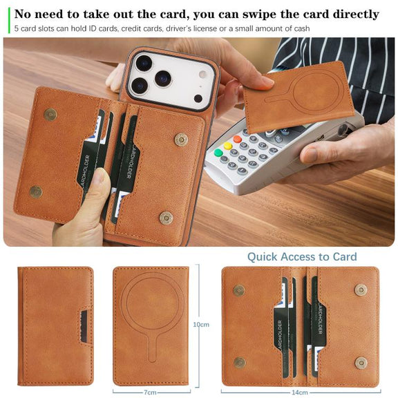For iPhone 17 Pro Kalebol Strong MagSafe Magnetic Two-Fold Card Bag Leather Phone Case(Brown)