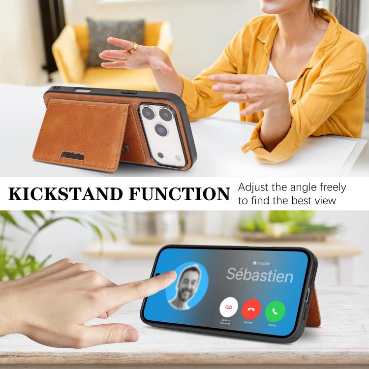 For iPhone 17 Pro Kalebol Strong MagSafe Magnetic Two-Fold Card Bag Leather Phone Case(Brown)