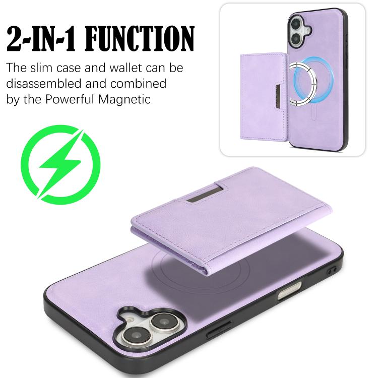 For iPhone 17 Kalebol Strong MagSafe Magnetic Two-Fold Card Bag Leather Phone Case(Purple)