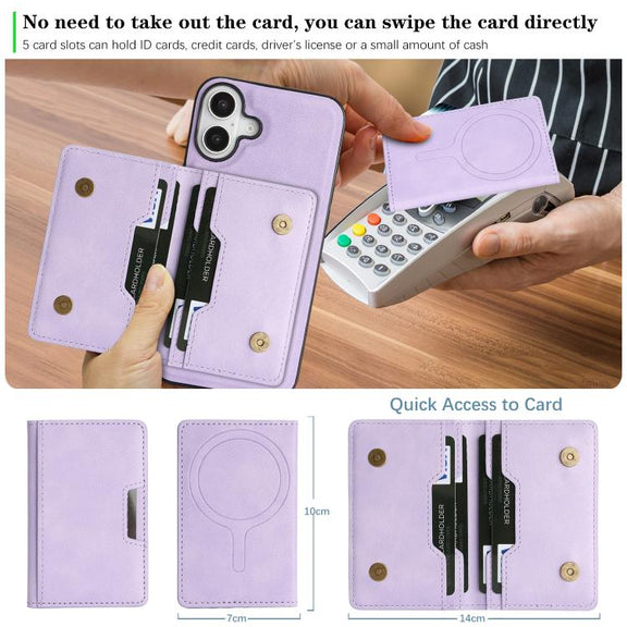 For iPhone 17 Kalebol Strong MagSafe Magnetic Two-Fold Card Bag Leather Phone Case(Purple)
