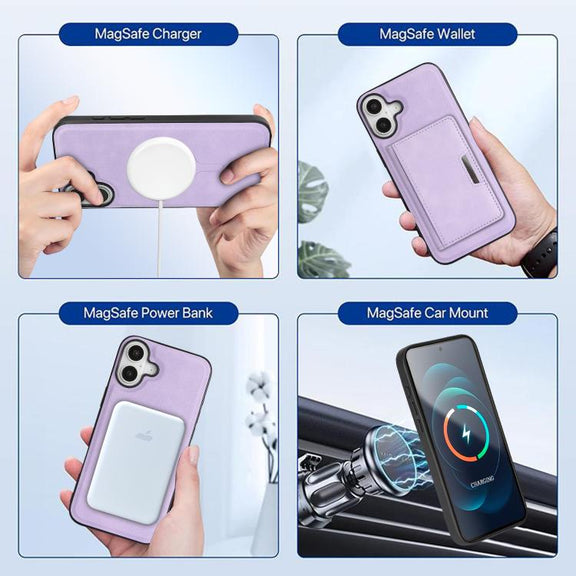 For iPhone 17 Kalebol Strong MagSafe Magnetic Two-Fold Card Bag Leather Phone Case(Purple)