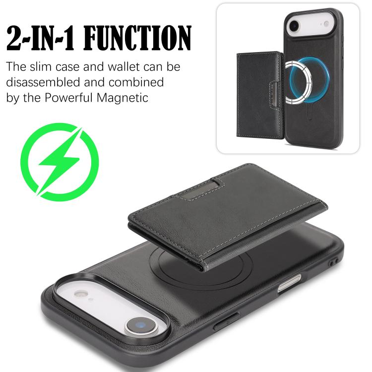 For iPhone 17 Air Kalebol Strong MagSafe Magnetic Two-Fold Card Bag Leather Phone Case(Black)