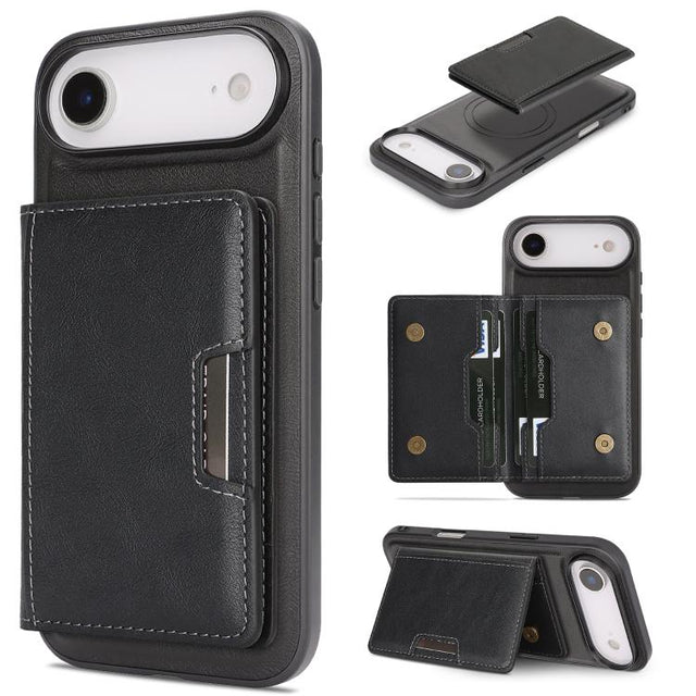 For iPhone 17 Air Kalebol Strong MagSafe Magnetic Two-Fold Card Bag Leather Phone Case(Black)