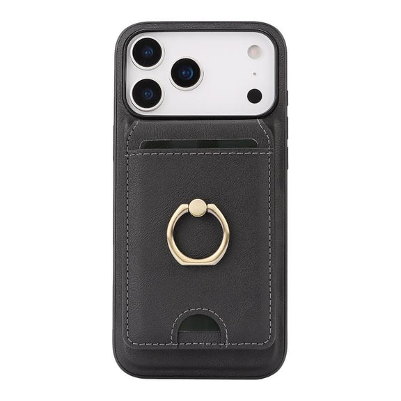 For iPhone 17 Pro Max Kalebol Strong MagSafe Ring Magnetic Card Bag Holder Leather Phone Case(Black)