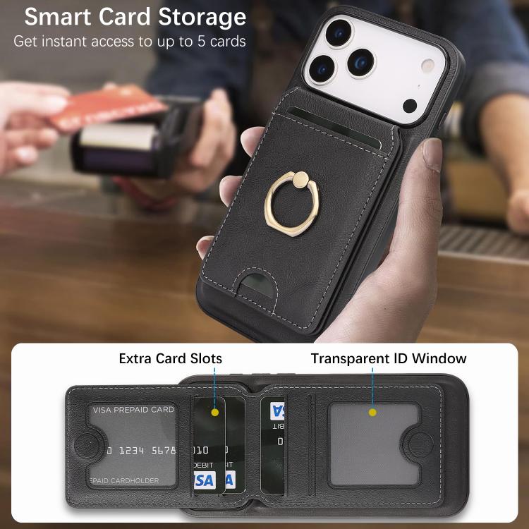 For iPhone 17 Pro Max Kalebol Strong MagSafe Ring Magnetic Card Bag Holder Leather Phone Case(Black)