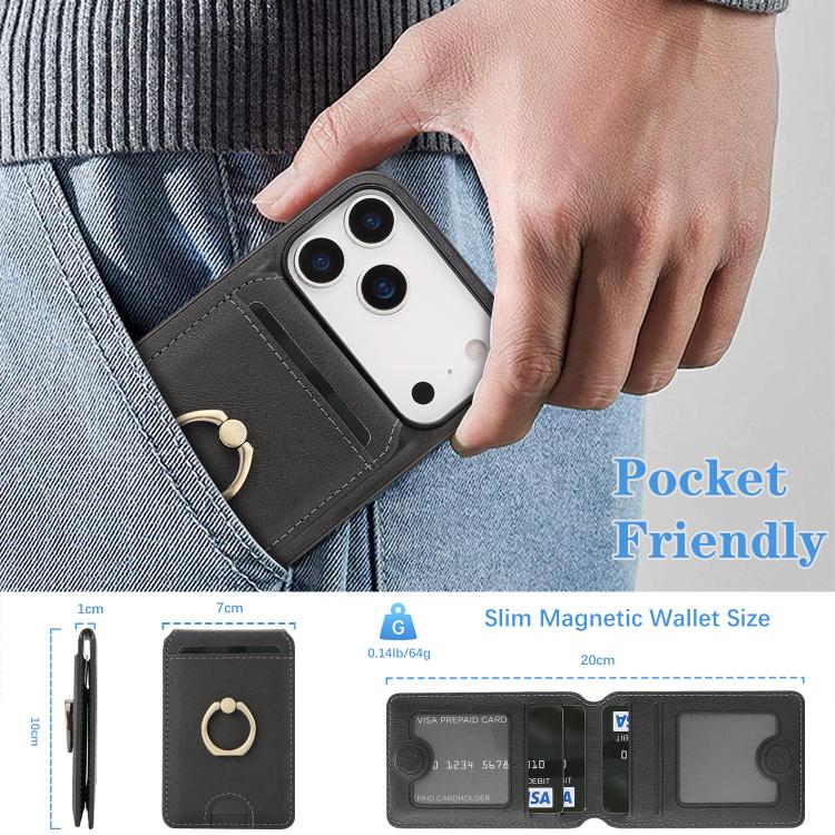 For iPhone 17 Pro Max Kalebol Strong MagSafe Ring Magnetic Card Bag Holder Leather Phone Case(Black)