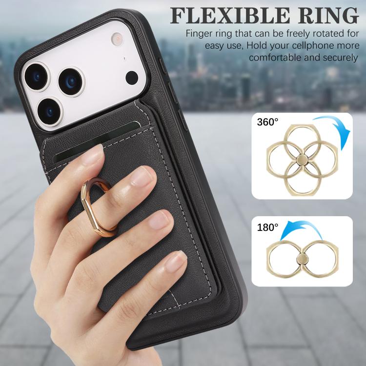 For iPhone 17 Pro Max Kalebol Strong MagSafe Ring Magnetic Card Bag Holder Leather Phone Case(Black)