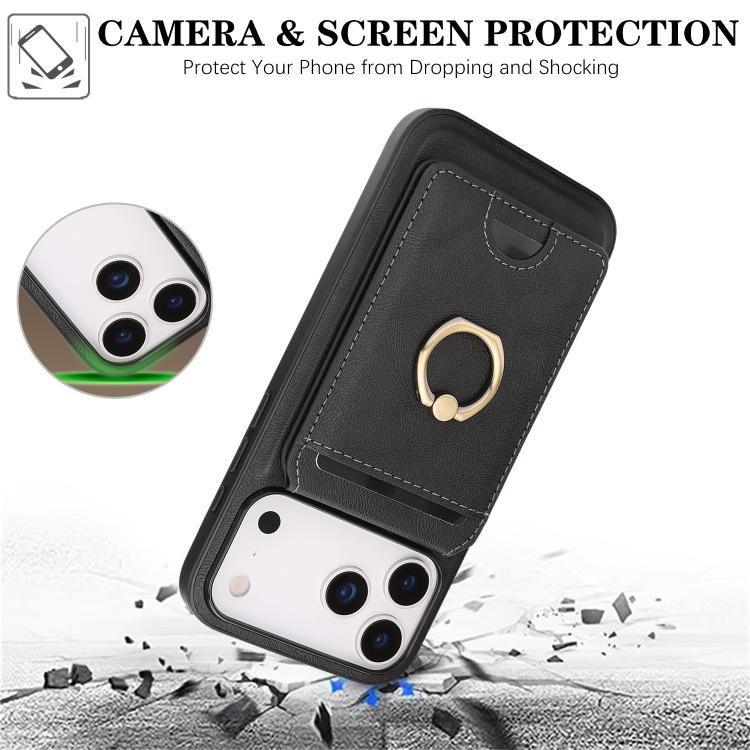 For iPhone 17 Pro Max Kalebol Strong MagSafe Ring Magnetic Card Bag Holder Leather Phone Case(Black)