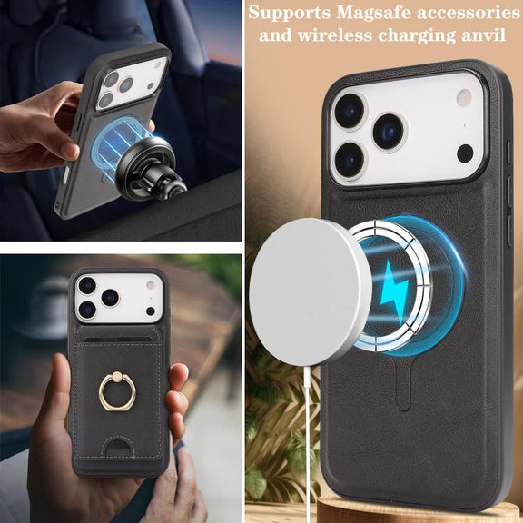 For iPhone 17 Pro Max Kalebol Strong MagSafe Ring Magnetic Card Bag Holder Leather Phone Case(Black)