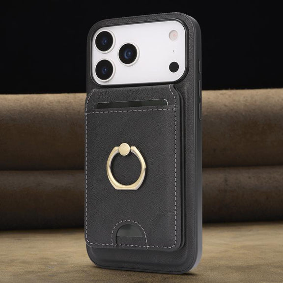 For iPhone 17 Pro Max Kalebol Strong MagSafe Ring Magnetic Card Bag Holder Leather Phone Case(Black)