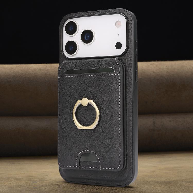 For iPhone 17 Pro Max Kalebol Strong MagSafe Ring Magnetic Card Bag Holder Leather Phone Case(Black)