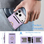 For iPhone 17 Pro Kalebol Strong MagSafe Ring Magnetic Card Bag Holder Leather Phone Case(Purple)