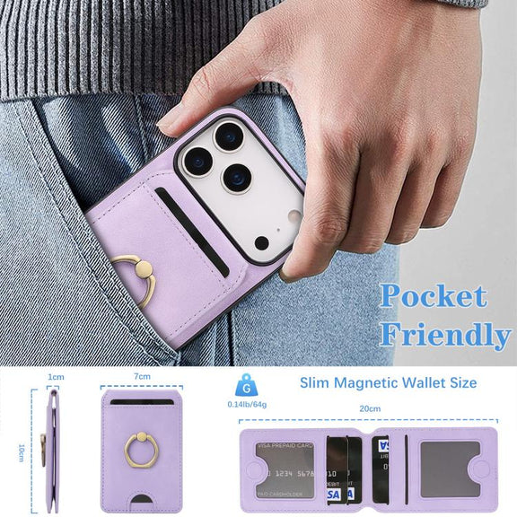 For iPhone 17 Pro Kalebol Strong MagSafe Ring Magnetic Card Bag Holder Leather Phone Case(Purple)