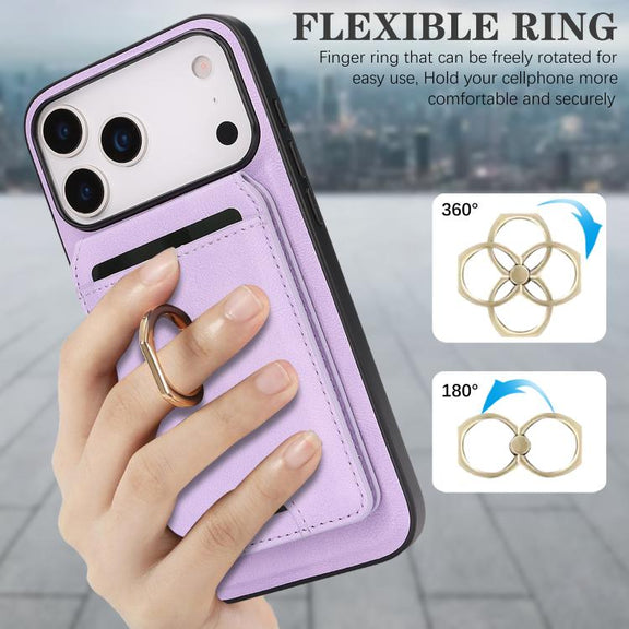 For iPhone 17 Pro Kalebol Strong MagSafe Ring Magnetic Card Bag Holder Leather Phone Case(Purple)