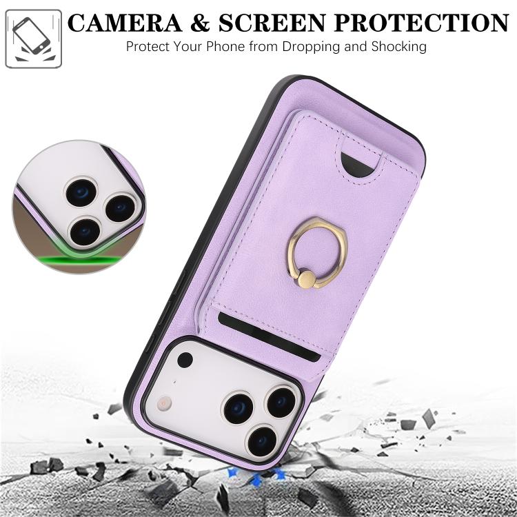 For iPhone 17 Pro Kalebol Strong MagSafe Ring Magnetic Card Bag Holder Leather Phone Case(Purple)