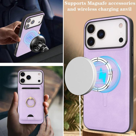 For iPhone 17 Pro Kalebol Strong MagSafe Ring Magnetic Card Bag Holder Leather Phone Case(Purple)