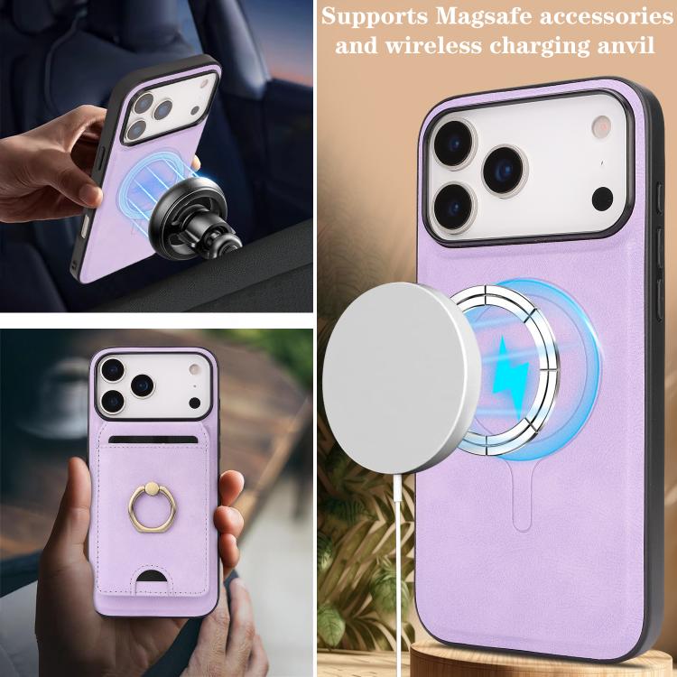 For iPhone 17 Pro Kalebol Strong MagSafe Ring Magnetic Card Bag Holder Leather Phone Case(Purple)